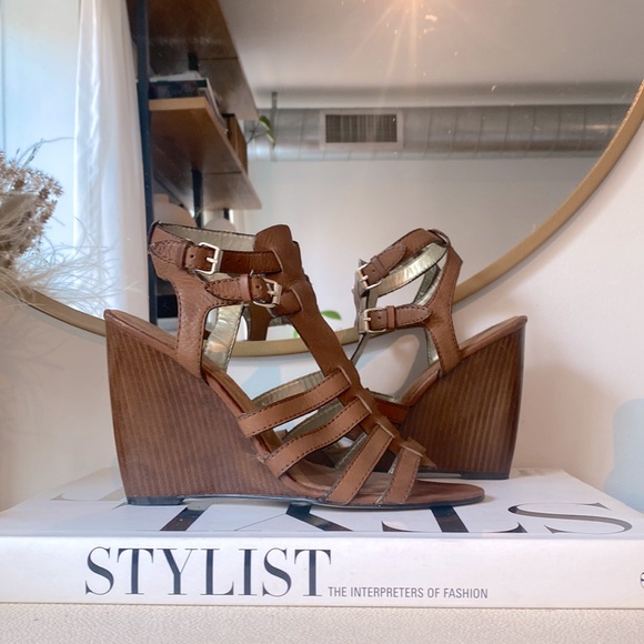 Nine West Gladiator Heech Double Ankle Strap Wedge Heels in Tan - Picture 14 of 16